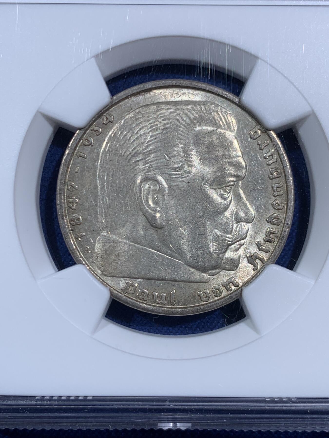 《竞宝斋》第470场 周日，周一，周二 3场连拍 （全场包邮）欢迎送拍 NGC MS62 德国1938年A版兴登堡5马克银币