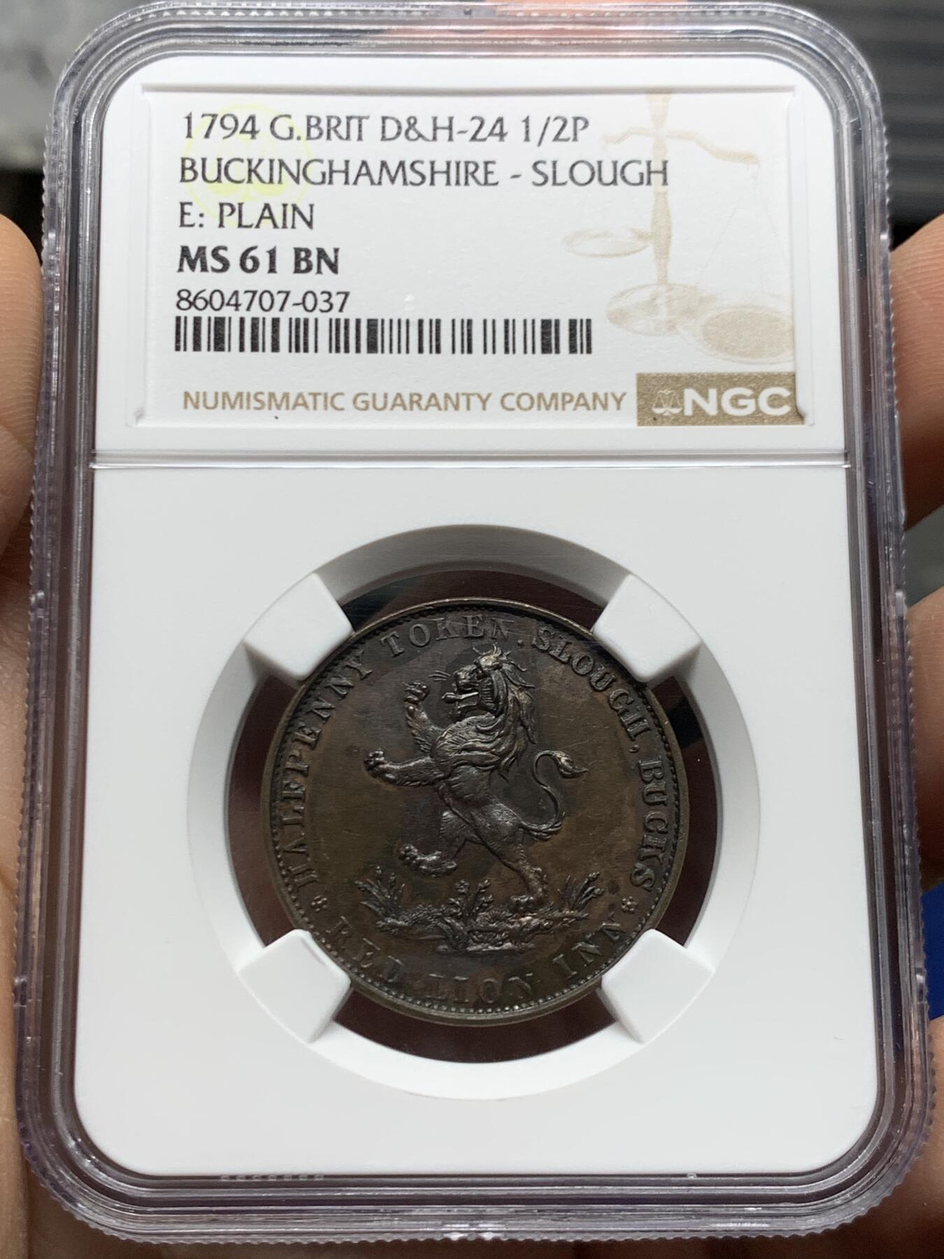 《竞宝斋》第470场 周日，周一，周二 3场连拍 （全场包邮）欢迎送拍 NGC MS61BN 英国 白金汉郡 1794 红狮旅馆 半便士铜币 犀利细节 低评