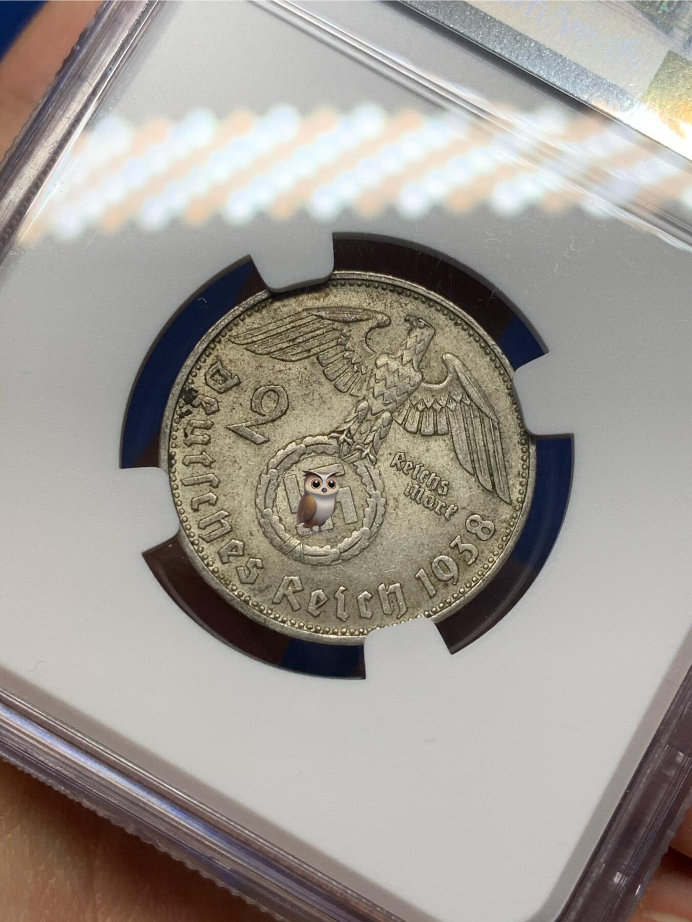 《竞宝斋》第470场 周日，周一，周二 3场连拍 （全场包邮）欢迎送拍 NGC MS63 德国1938年兴登堡带风车2马克银币，原味状态，分数不错