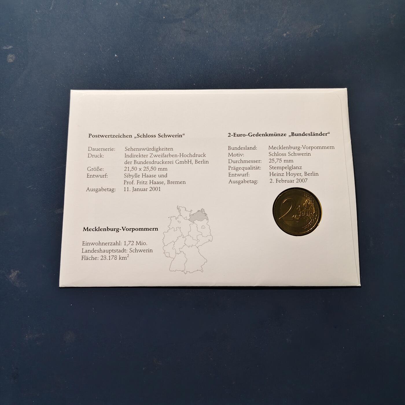 【全场包邮】纯粹捡漏拍512场 【邮币封】德国2007年2欧元州币系列梅克伦堡-伏波默恩州施韦林城堡双色纪念币邮币封