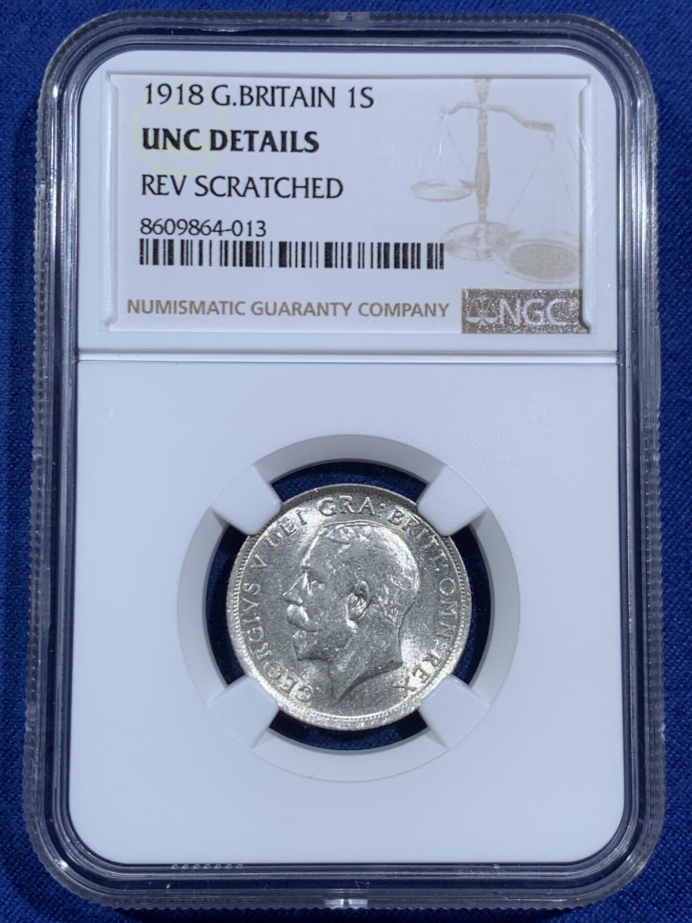 《竞宝斋》第470场 周日，周一，周二 3场连拍 （全场包邮）欢迎送拍 NGC UNCD 英国1918年 乔治五世1先令 早期高银版 带光好品 细节见图