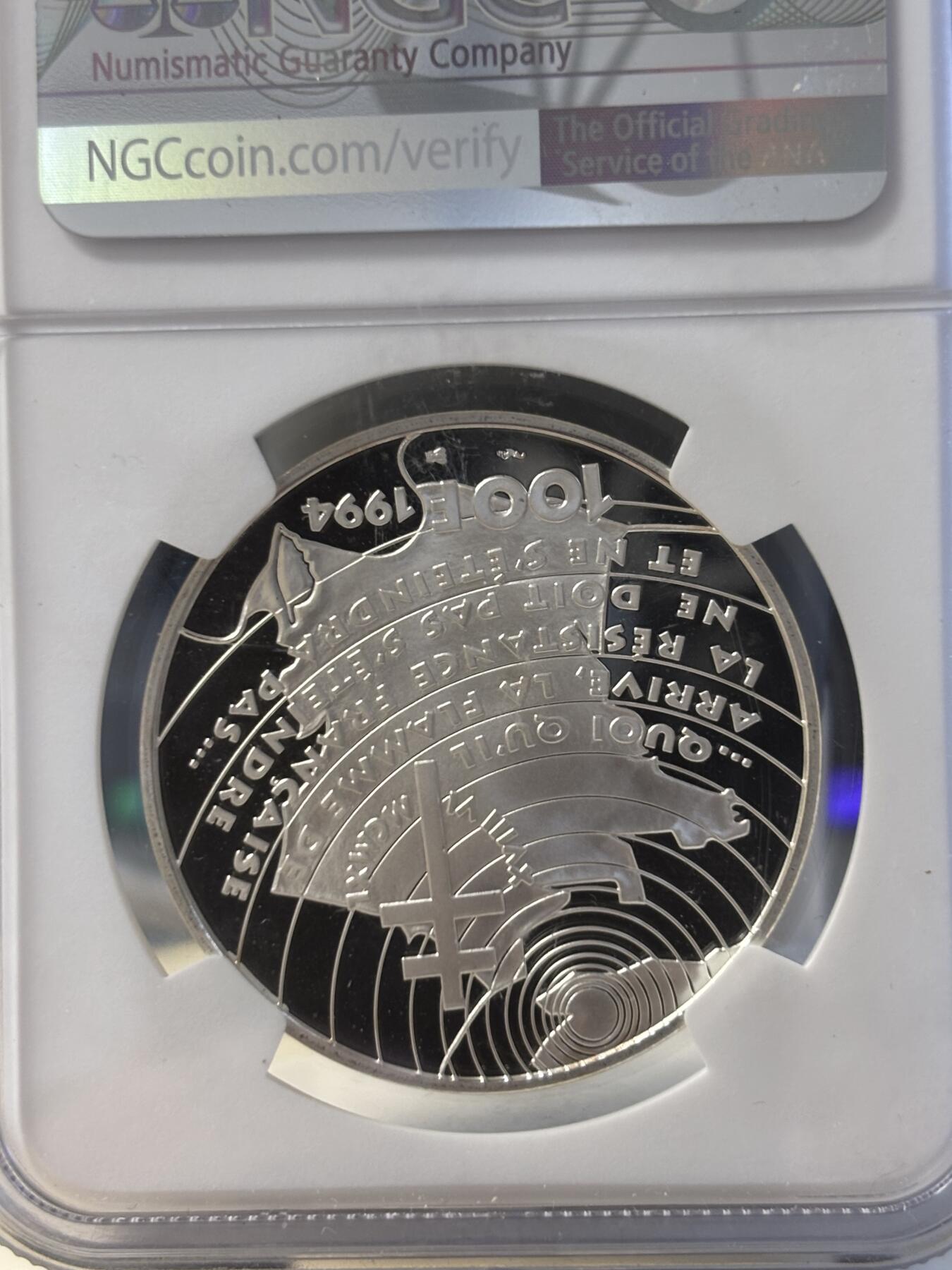 第194期拍卖 法国1994年二战系列戴高乐演讲纪念银样币NGC-PF69，900银，22.2克，发行1850枚