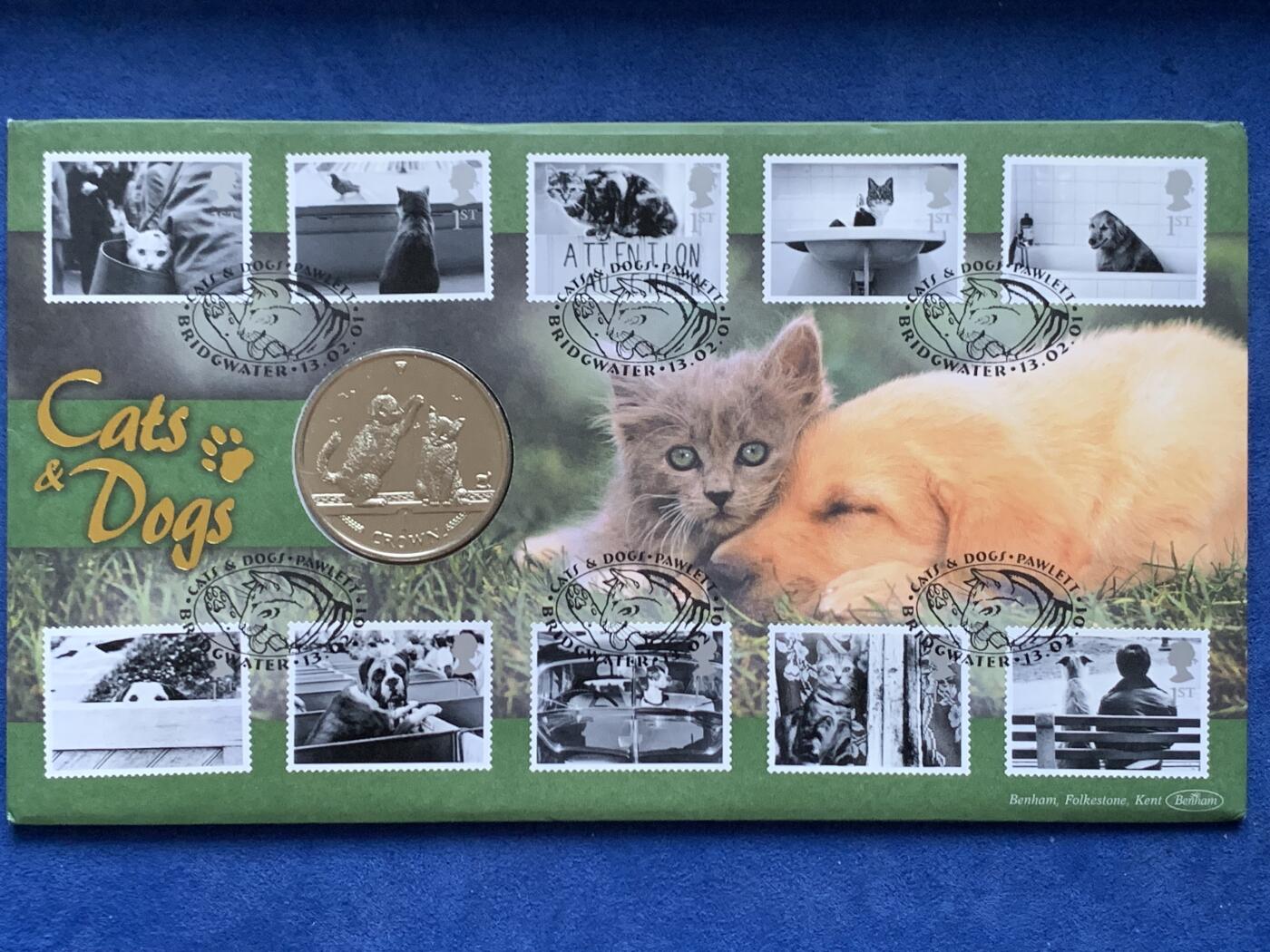 《竞宝斋》第470场 周日，周一，周二 3场连拍 （全场包邮）欢迎送拍 英国马恩岛2001年猫克朗纪念币，邮币封，附10张马恩岛猫狗邮票和猫猫邮戳