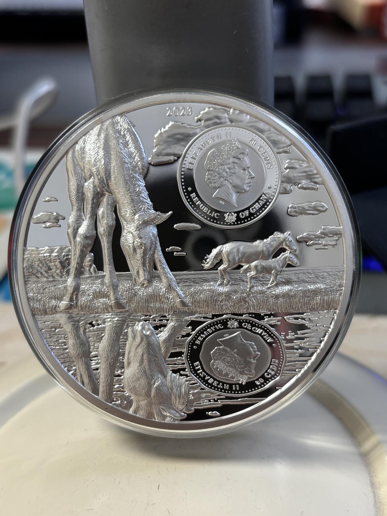 第194期拍卖 加纳2023年成长系列奔马5盎司单面钌化高浮雕银币，999银，发行149枚