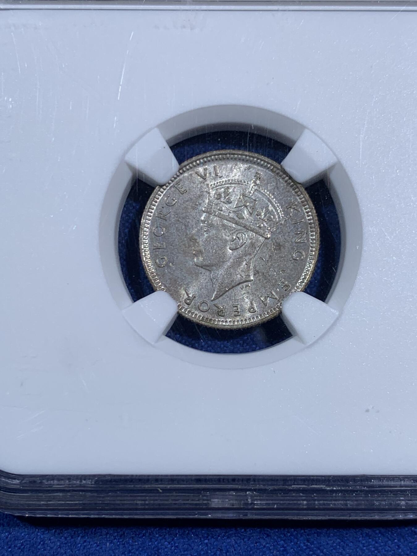 《竞宝斋》第470场 周日，周一，周二 3场连拍 （全场包邮）欢迎送拍 NGC MS62 英属塞舌尔1939年25分银币