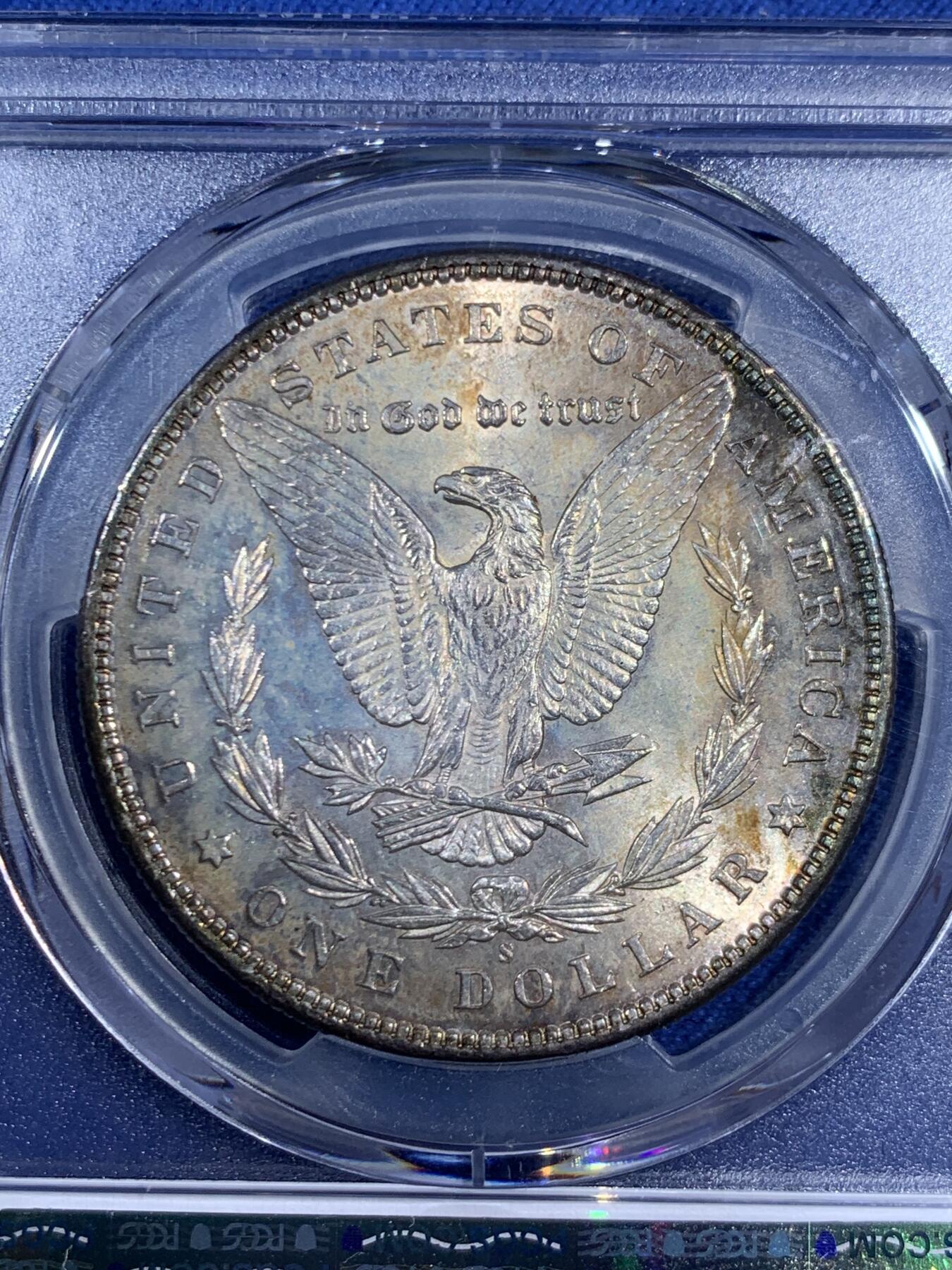 《竞宝斋》第470场 周日，周一，周二 3场连拍 （全场包邮）欢迎送拍 PCGS MS62 美国 1898 S 摩根银币 此年分钱币大多充分流通 稀有品种 双面环状五彩包浆 不可多得的藏品 PCGS指导价4511 低评