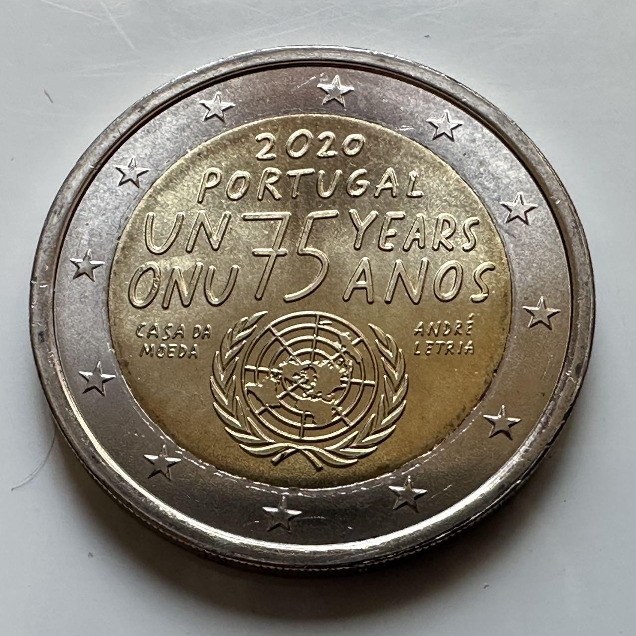 🌹外币初藏🌹🐯2026年第29场   欧元纪念币 接代拍 葡萄牙 2020年 联合国成立75周年 2欧元双色纪念币