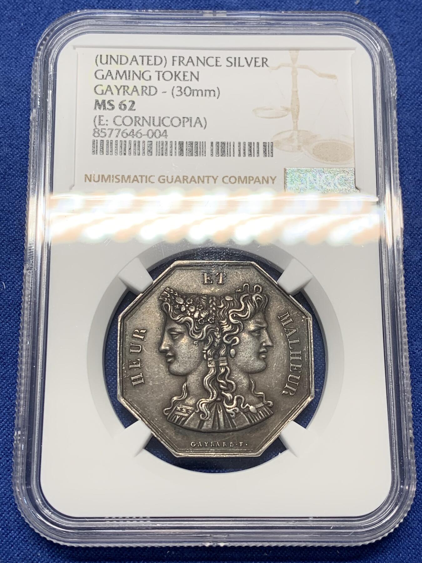 《竞宝斋》第470场 周日，周一，周二 3场连拍 （全场包邮）欢迎送拍 NGC MS62 法国 “团结起来治愈病痛延长生命”-双面神八角银质代币 热门品种 丰饶角边铭