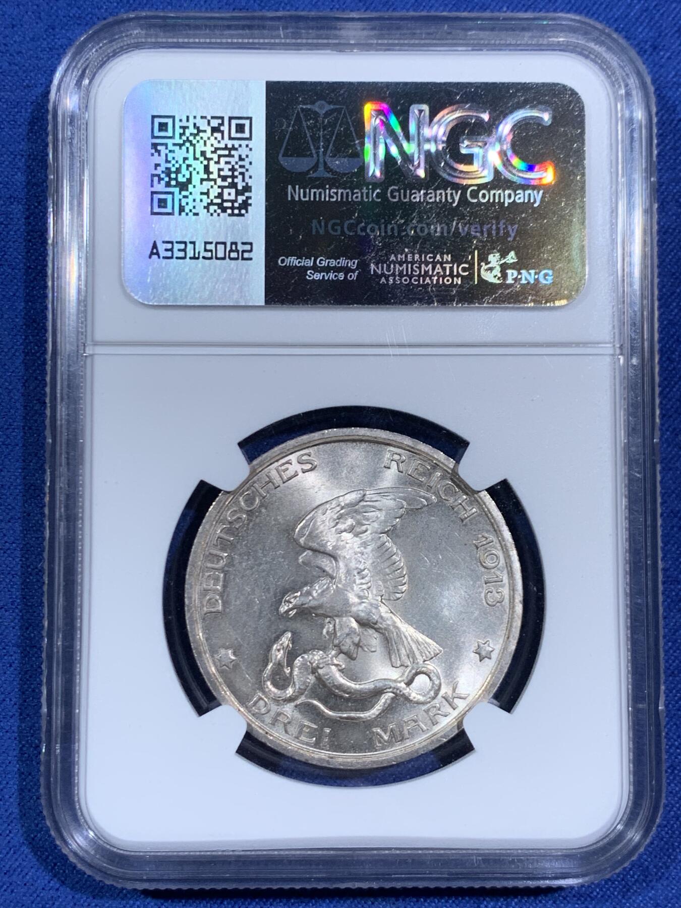 《竞宝斋》第470场 周日，周一，周二 3场连拍 （全场包邮）欢迎送拍 NGC MS64 德国1913年普鲁士战胜拿破仑百年纪念3马克银币 原色凝霜 转光强烈