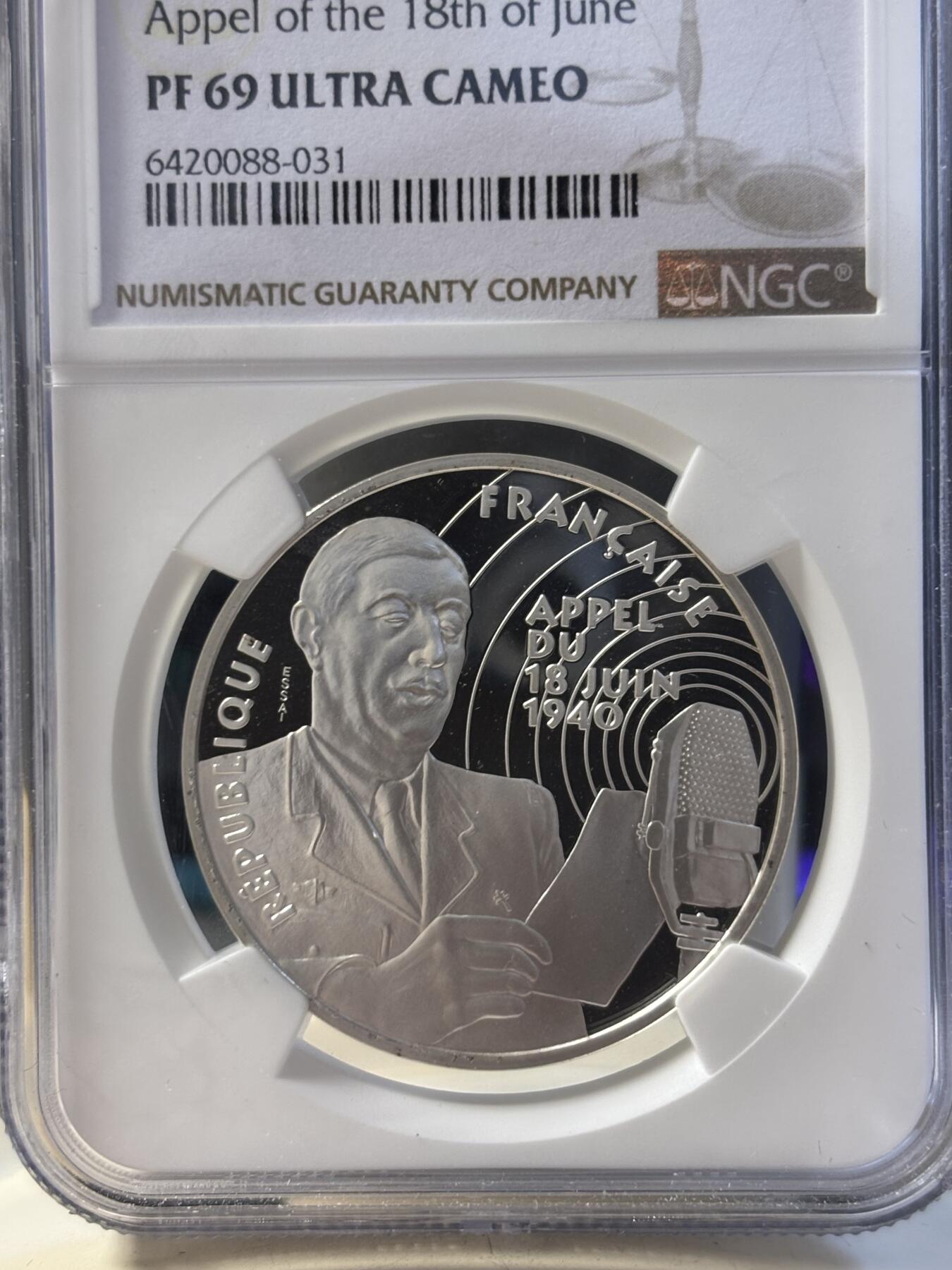 第194期拍卖 法国1994年二战系列戴高乐演讲纪念银样币NGC-PF69，900银，22.2克，发行1850枚