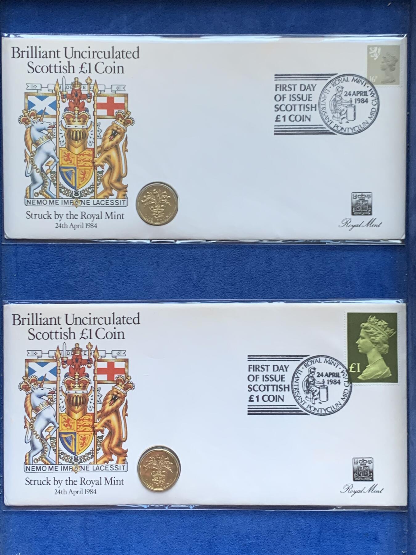 《竞宝斋》第470场 周日，周一，周二 3场连拍 （全场包邮）欢迎送拍 两枚一组 1984年英国老1英镑首日封/邮币封（Royal Mint和Royal Mail联合发行）