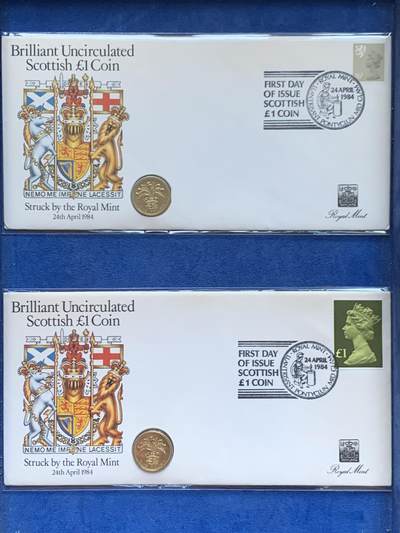 《竞宝斋》第470场 周日，周一，周二 3场连拍 （全场包邮）欢迎送拍 - 两枚一组 1984年英国老1英镑首日封/邮币封（Royal Mint和Royal Mail联合发行）