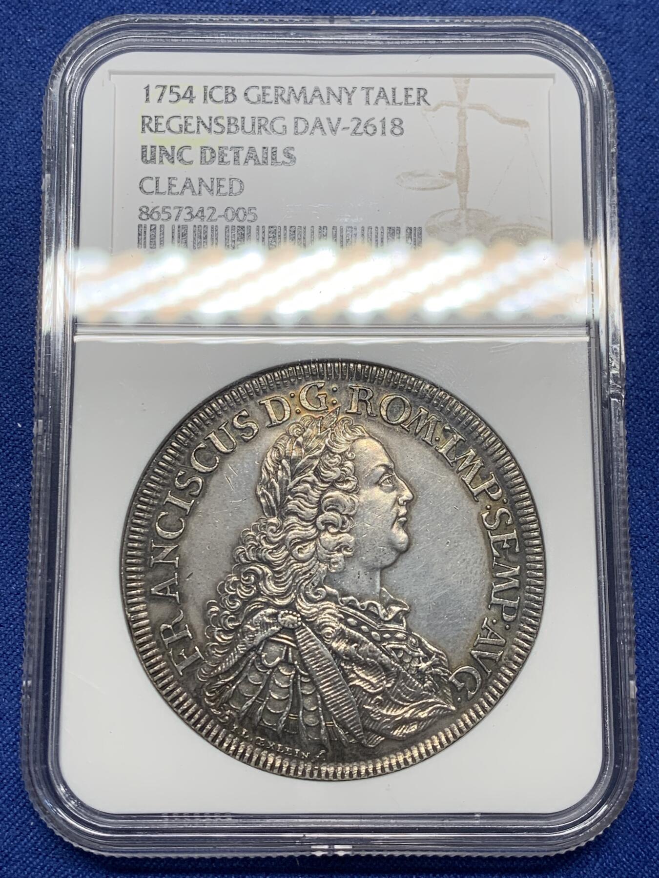 《竞宝斋》第470场 周日，周一，周二 3场连拍 （全场包邮）欢迎送拍 NGC UNCD 1754年神圣罗马帝国弗朗茨一世雷根斯堡城市景观泰勒银币