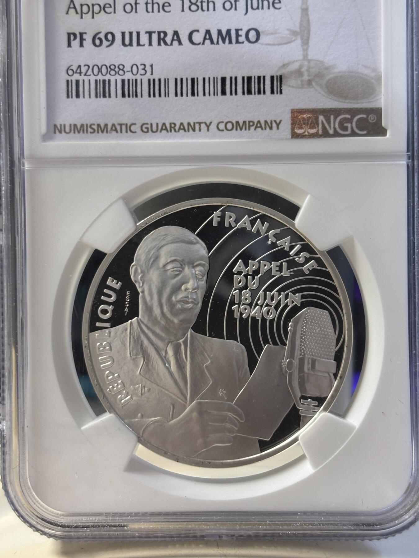 第194期拍卖 法国1994年二战系列戴高乐演讲纪念银样币NGC-PF69，900银，22.2克，发行1850枚