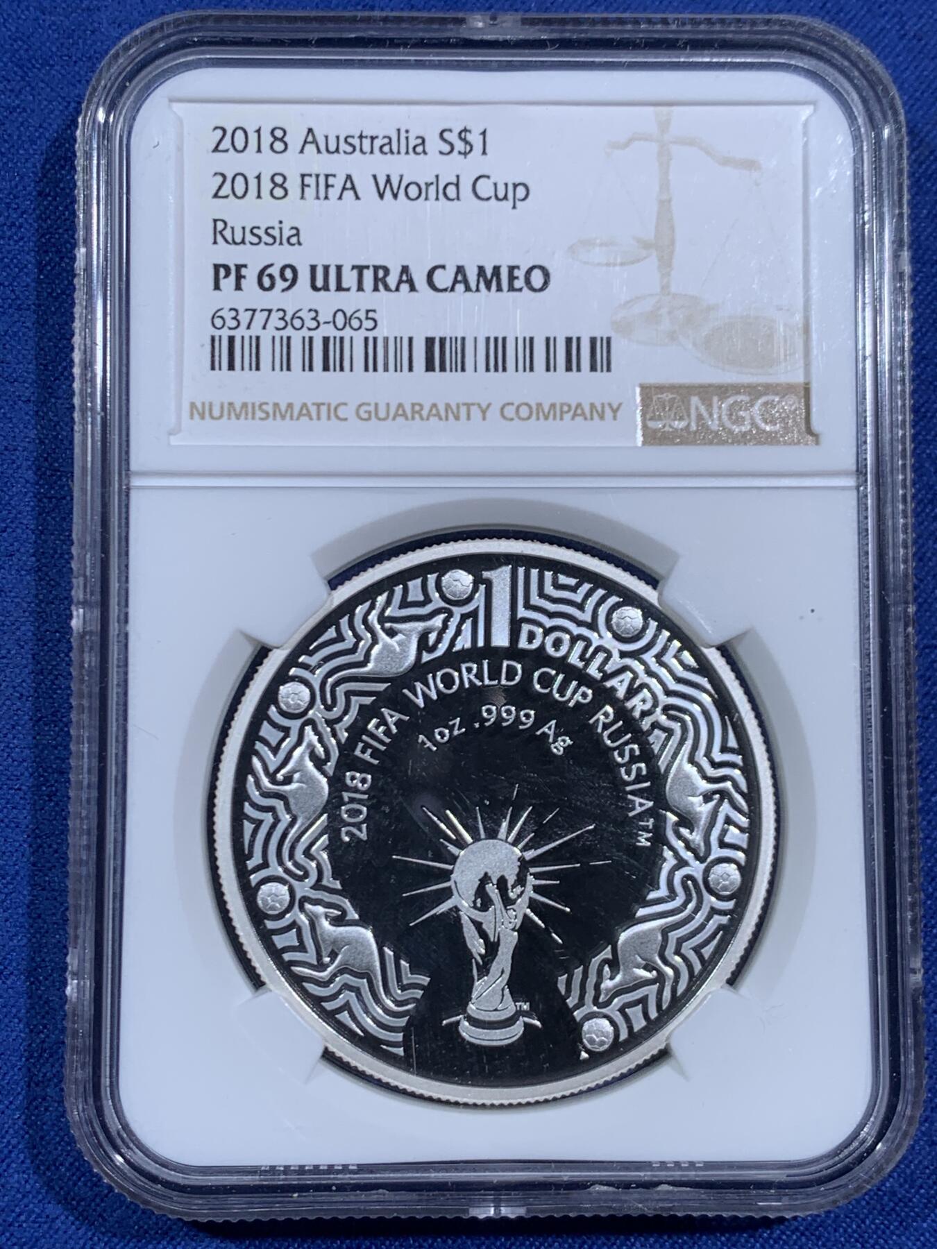 《竞宝斋》第470场 周日，周一，周二 3场连拍 （全场包邮）欢迎送拍 NGC PF69UC 2018年澳大利亚为俄罗斯世界杯发行的1元精制银币 1盎司31.1克999银
