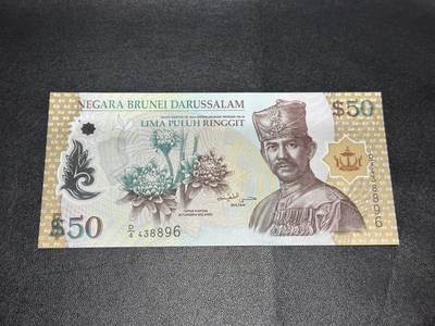 《外钞收藏家》第六百一十八期（精品场）（长期征集拍品、欢迎藏友们联系合作） - 文莱2004年50林吉特苏丹博尔基亚生日纪念钞（该品种与年份稀少）UNC 但有个压痕瑕疵