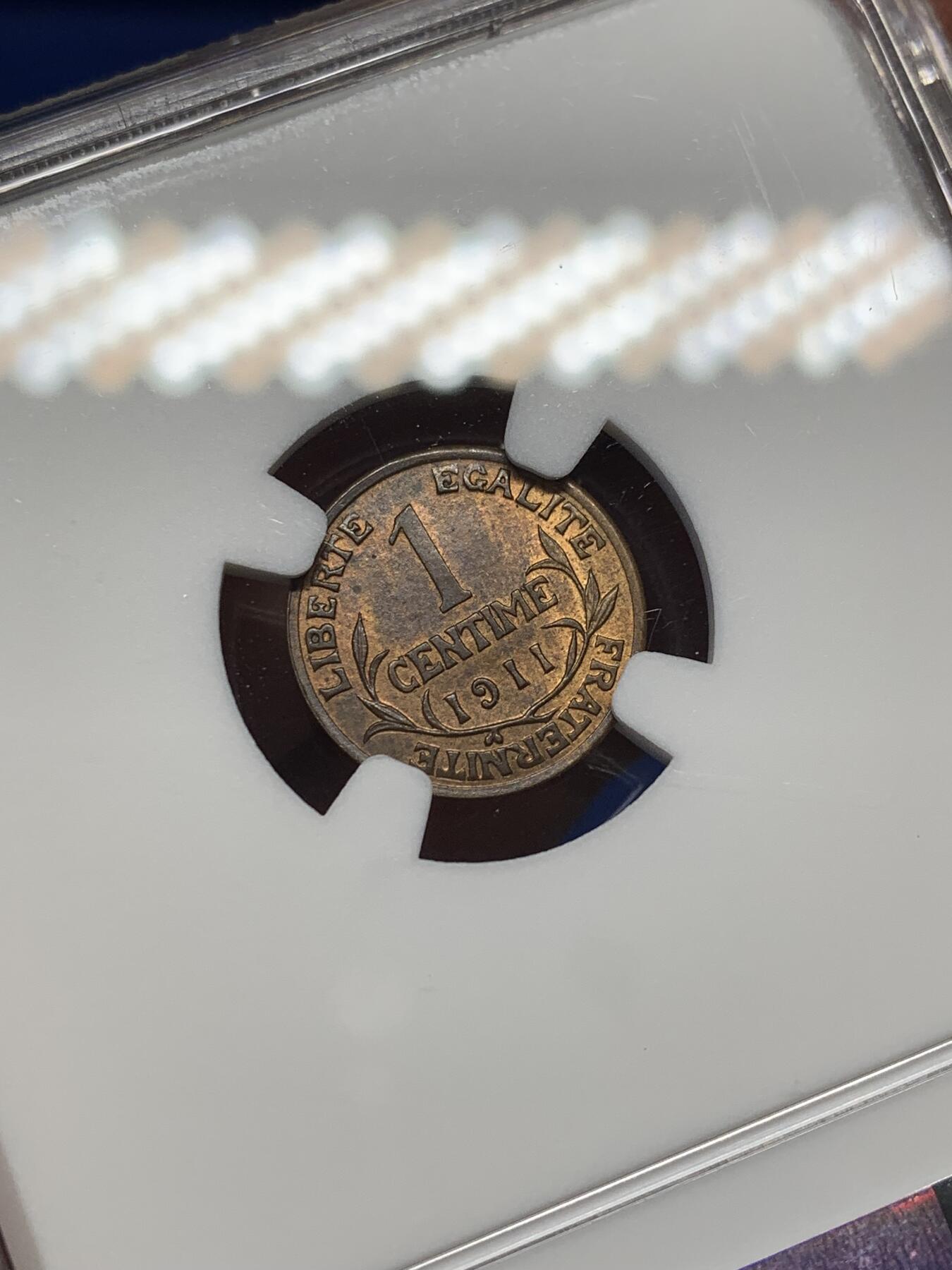 《竞宝斋》第470场 周日，周一，周二 3场连拍 （全场包邮）欢迎送拍 NGC MS64RB 法国1911年1分铜币 经典女神图案 冠军分