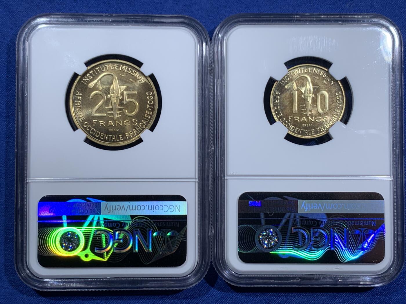 《竞宝斋》第470场 周日，周一，周二 3场连拍 （全场包邮）欢迎送拍 两枚一组 NGC MS65 多哥 1957年 10法郎+25法郎样币 单枚发行量 仅2300枚