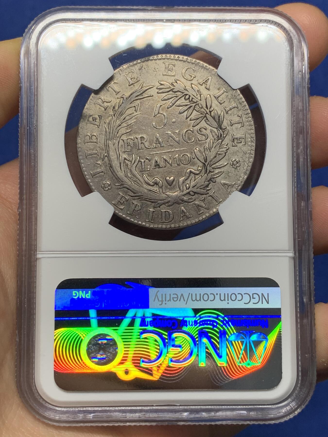 《竞宝斋》第470场 周日，周一，周二 3场连拍 （全场包邮）欢迎送拍 NGC VFD 意大利 皮埃蒙特共和国 共和10年（1802年）5法郎 银币 拿破仑在意大利建立的附庸国 只发行了两年 细节不错 传世包浆 转光漂亮 拿系币经典品种