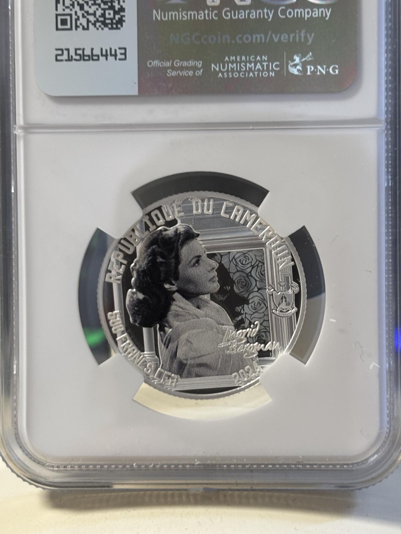 第194期拍卖 喀麦隆2024年电影明星英格丽褒曼彩银币NGC-PF70首，999银，8克，发行300枚