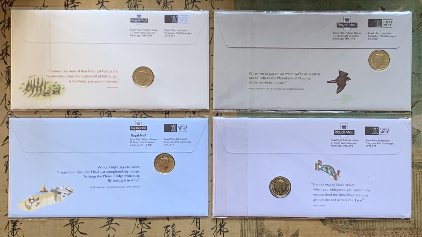 《竞宝斋》第470场 周日，周一，周二 3场连拍 （全场包邮）欢迎送拍 四枚一组 2004-2007年英国1英镑邮币封首日封 桥系列