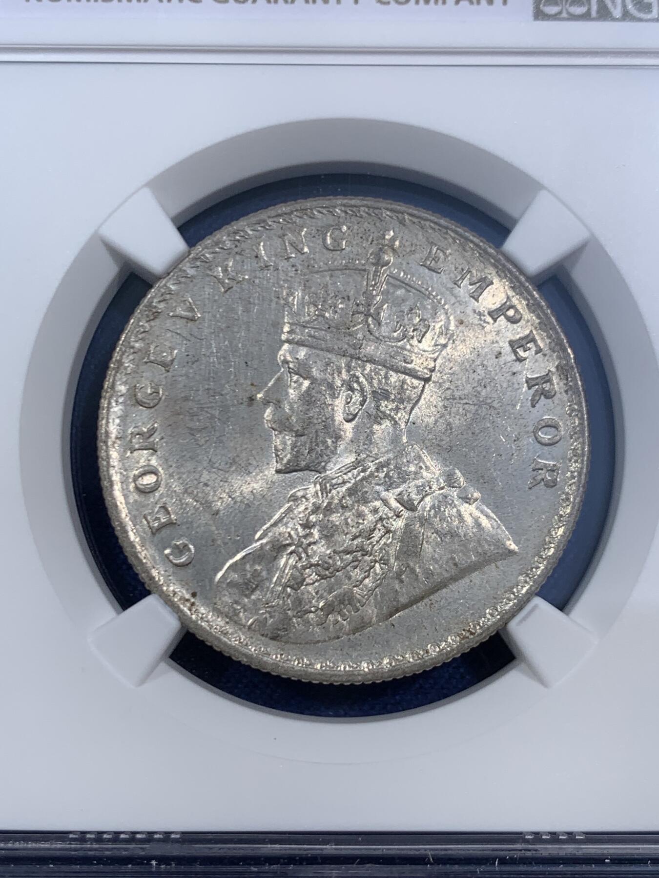 《竞宝斋》第470场 周日，周一，周二 3场连拍 （全场包邮）欢迎送拍 NGC MS62 英属印度1920年乔治五世1卢比银币