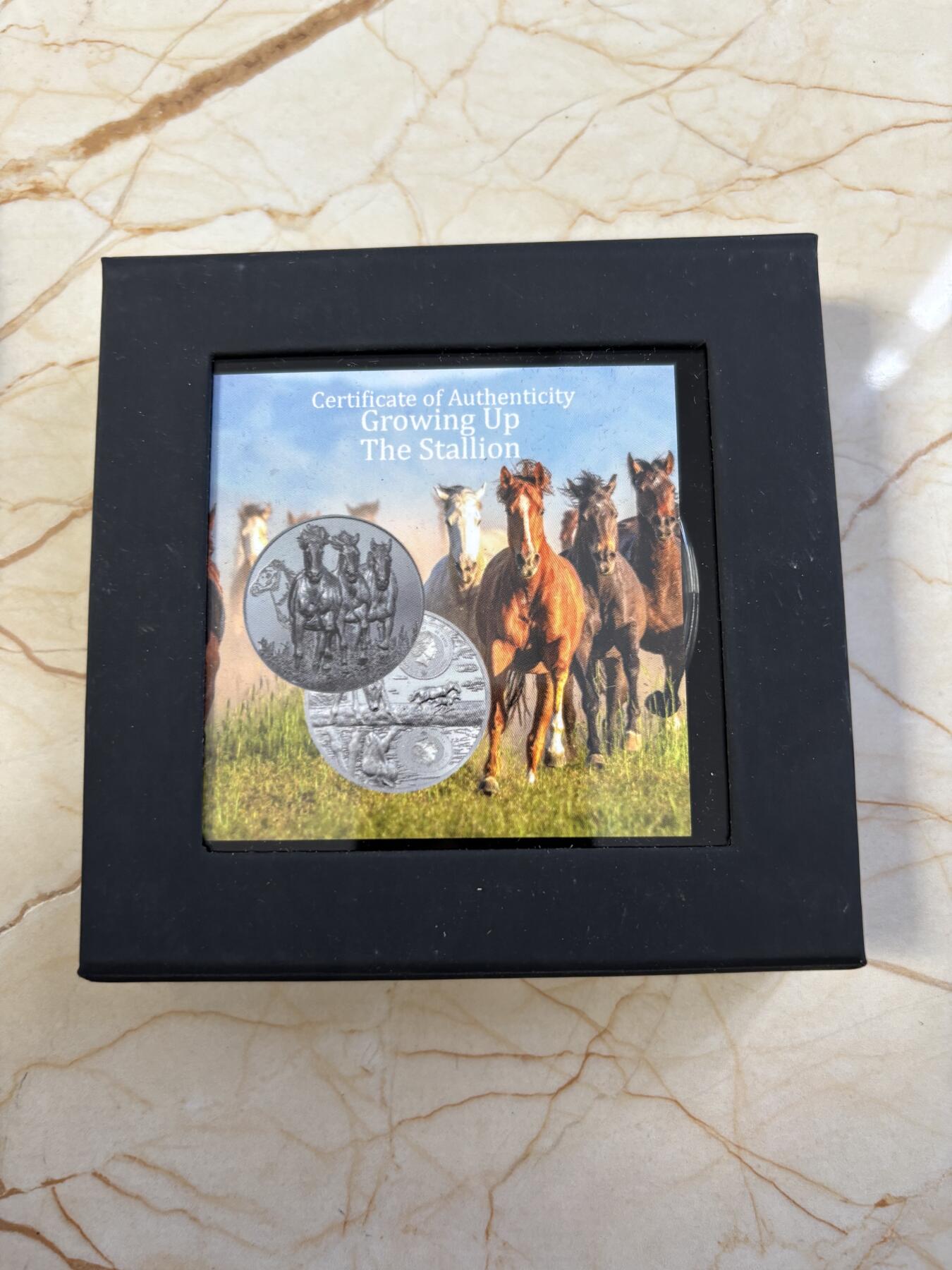 第194期拍卖 加纳2023年成长系列奔马5盎司单面钌化高浮雕银币，999银，发行149枚