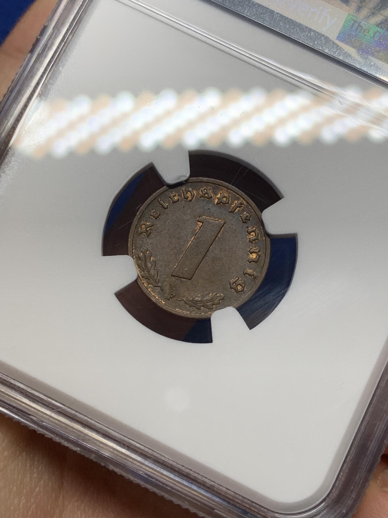 《竞宝斋》第470场 周日，周一，周二 3场连拍 （全场包邮）欢迎送拍 NGC MS62BN 德国1937年带风车1芬尼铜币，状态很好，热门品种