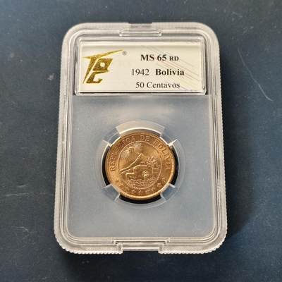 【全场包邮】纯粹捡漏拍513场 - 玻利维亚1942年50分铜币-TQG MS65 RD