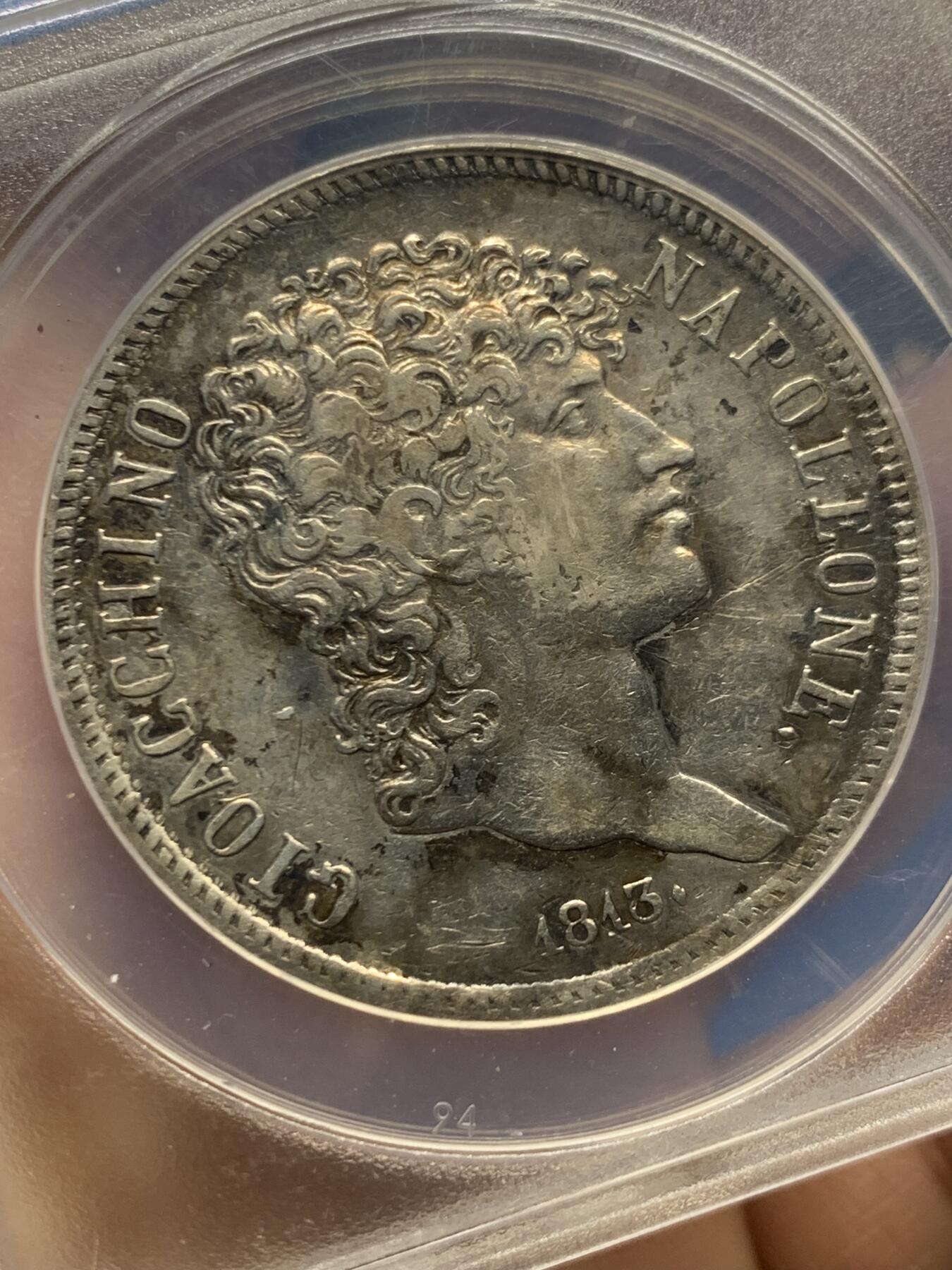 《竞宝斋》第470场 周日，周一，周二 3场连拍 （全场包邮）欢迎送拍 ANACS EF40 那不勒斯与西西里王国 1813年 5里拉 银币 拿破仑麾下名将缪拉统治时期发行 细节非常完整 传世黑包浆 转光很漂亮 克书价高 拿系币大珍品种