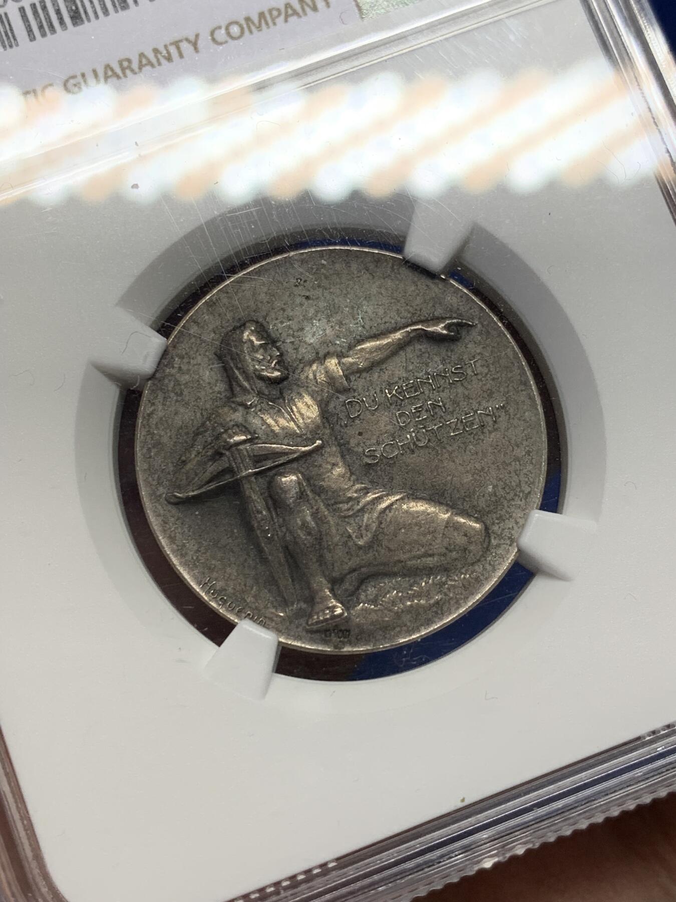 《竞宝斋》第470场 周日，周一，周二 3场连拍 （全场包邮）欢迎送拍 NGC MS64 瑞士1924年阿尔高州阿劳射击节银章 磨砂质感 鹰徽细腻 整体包浆搭配图案映衬出十足朦胧感