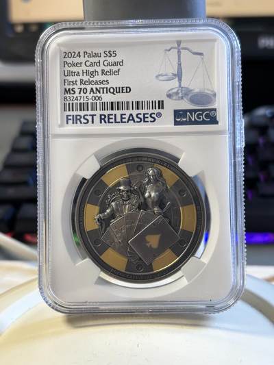 第194期拍卖 - 帕劳2024年扑克警卫镀金仿古浮雕银币NGC-MS70,9999银，1盎司，发行1111枚
