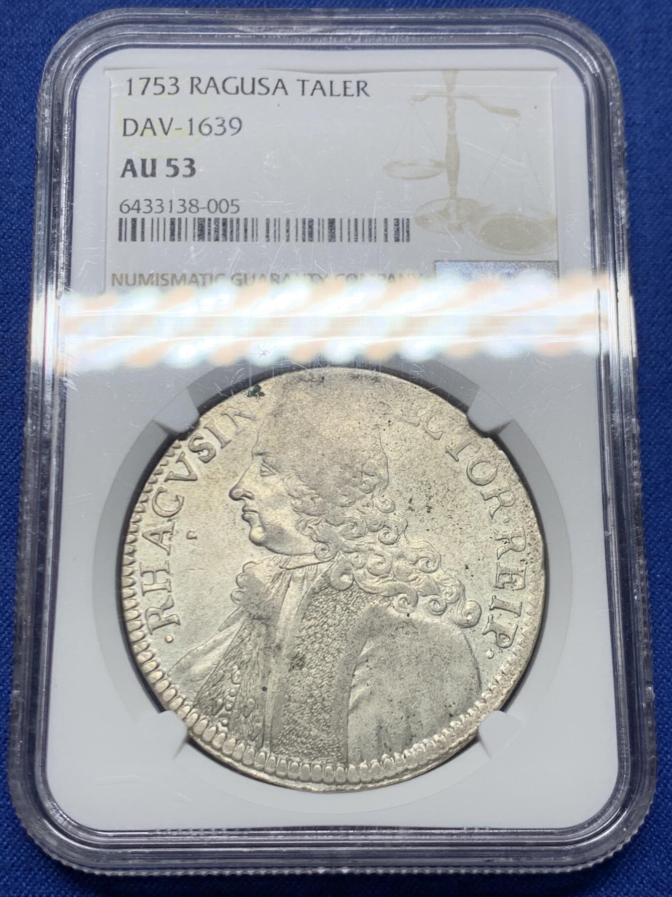 《竞宝斋》第470场 周日，周一，周二 3场连拍 （全场包邮）欢迎送拍 NGC AU53 拉古萨共和国 1753年 1泰勒银币 不常见的品种