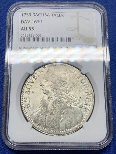《竞宝斋》第470场 周日，周一，周二 3场连拍 （全场包邮）欢迎送拍 - NGC AU53 拉古萨共和国 1753年 1泰勒银币 不常见的品种