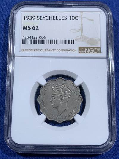 《竞宝斋》第470场 周日，周一，周二 3场连拍 （全场包邮）欢迎送拍 - NGC MS62 英属塞舌尔1939年10分辅币