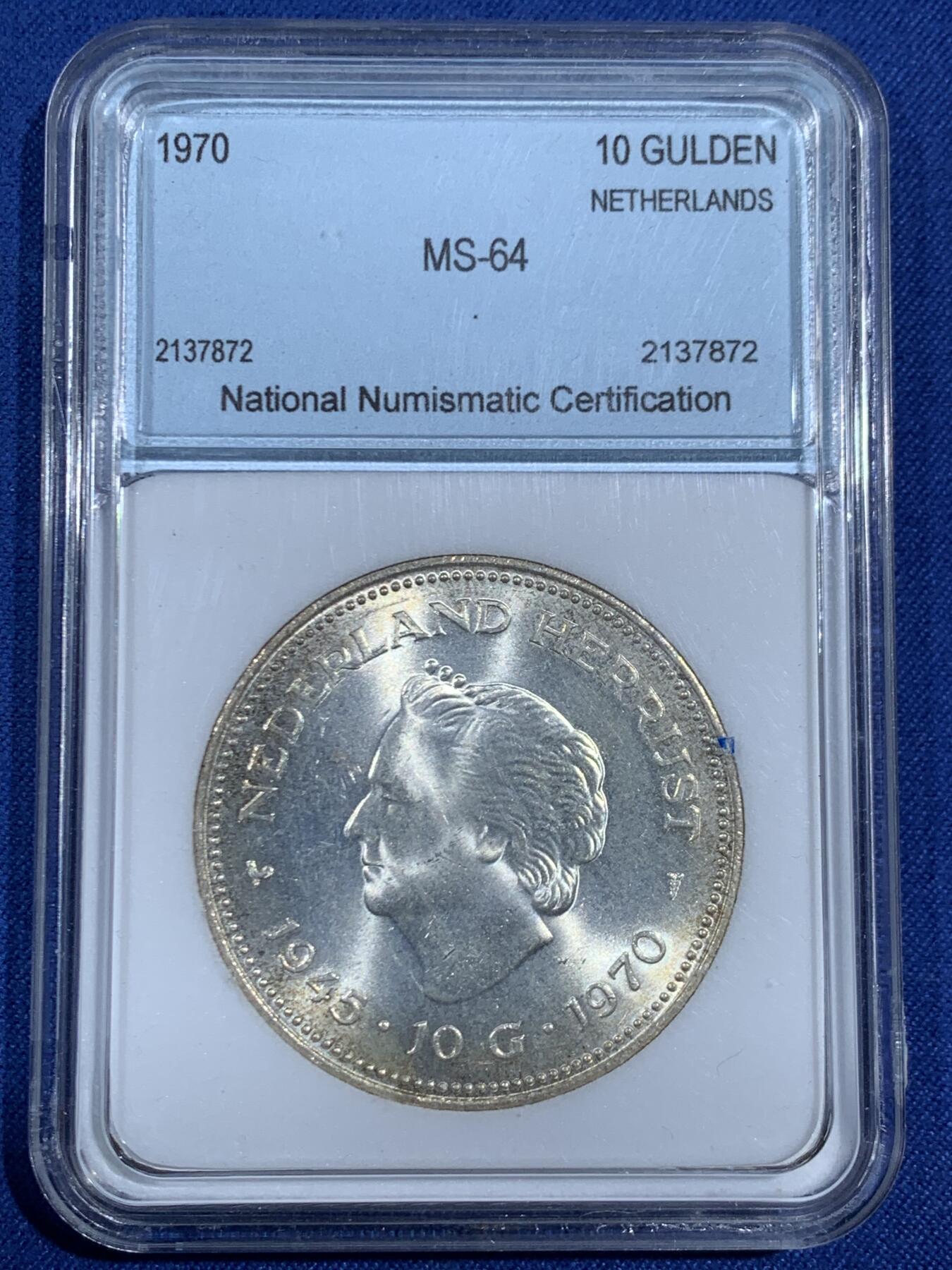 《竞宝斋》第470场 周日，周一，周二 3场连拍 （全场包邮）欢迎送拍 NNC MS64 1970年荷兰解放25年周年10盾纪念银币