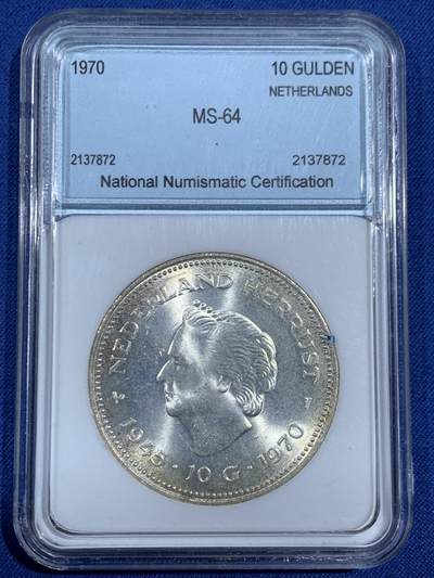 《竞宝斋》第470场 周日，周一，周二 3场连拍 （全场包邮）欢迎送拍 - NNC MS64 1970年荷兰解放25年周年10盾纪念银币