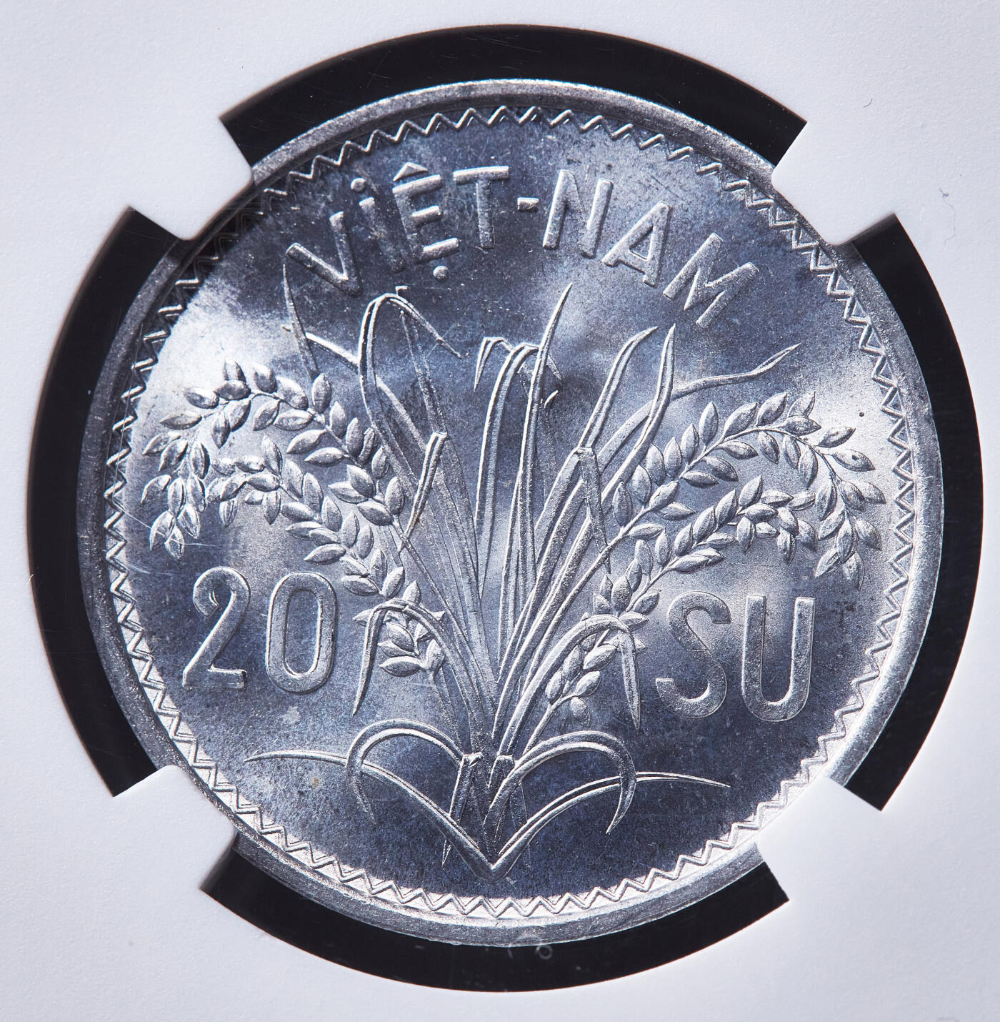 【俄甄集藏】2026年(049)03-18星期三 晚 19:30 全场包邮 越南南越1953年三姐妹麦穗20分铝币，NGC MS65，转光品相