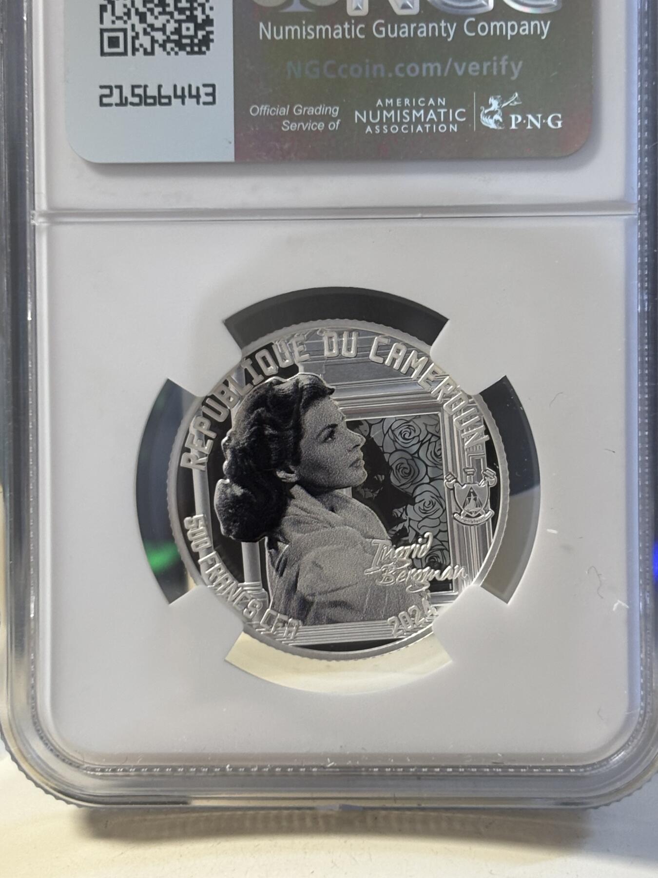 第194期拍卖 喀麦隆2024年电影明星英格丽褒曼彩银币NGC-PF70首，999银，8克，发行300枚