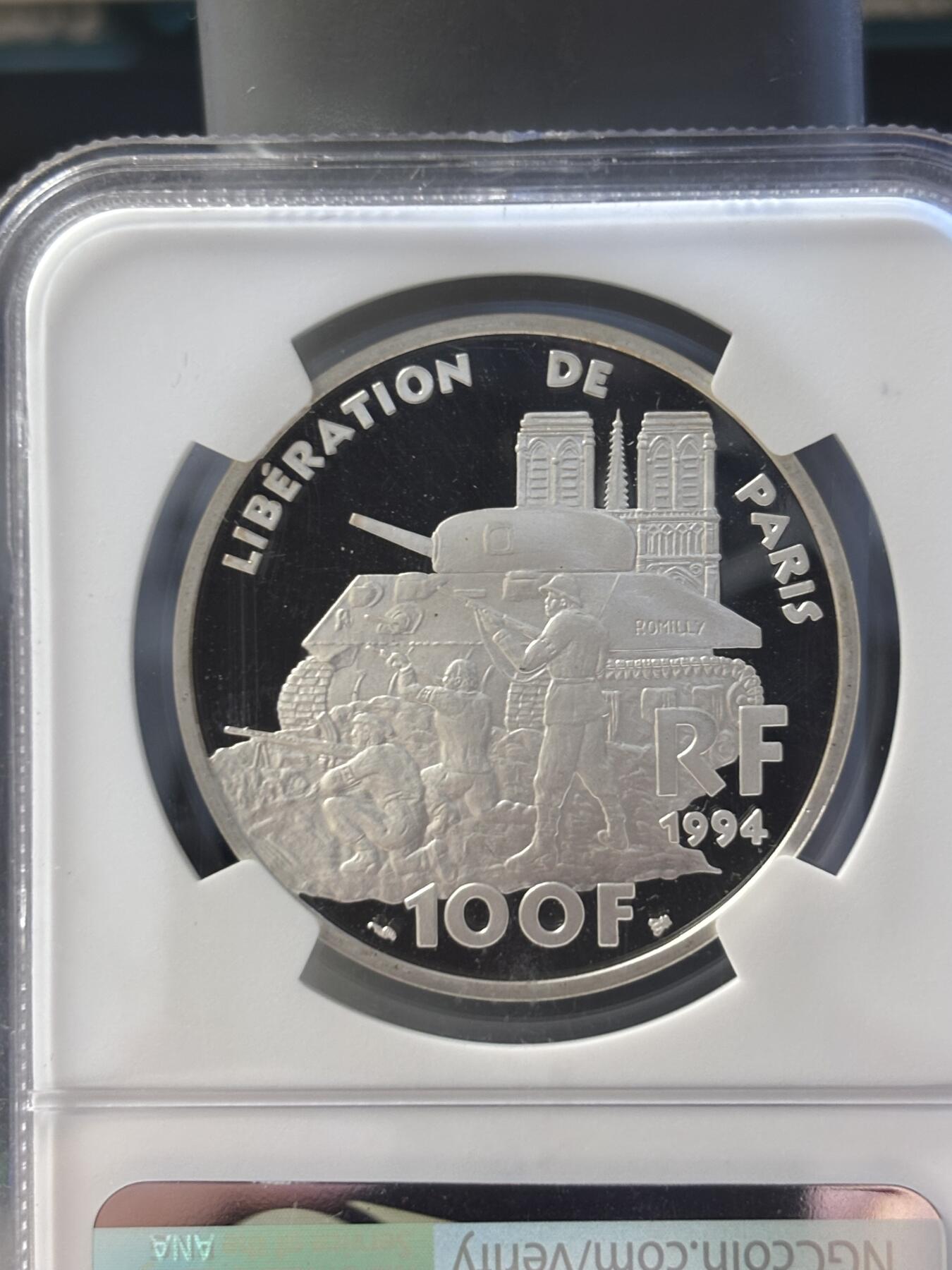 第194期拍卖 法国1994年二战系列戴高乐巴黎阅兵银样币NGC-PF68，900银，22.2克，发行1850枚
