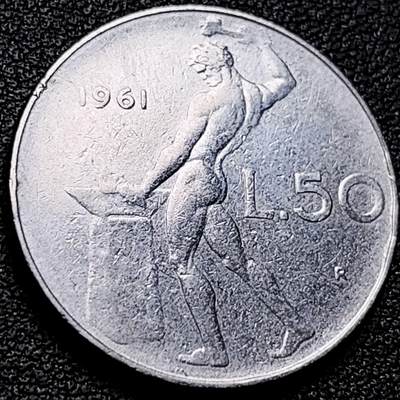 泉币菌-第210场-拍品多 请提前出价 - 意大利 1961年 50里拉 锻冶之神 伍尔坎 24mm