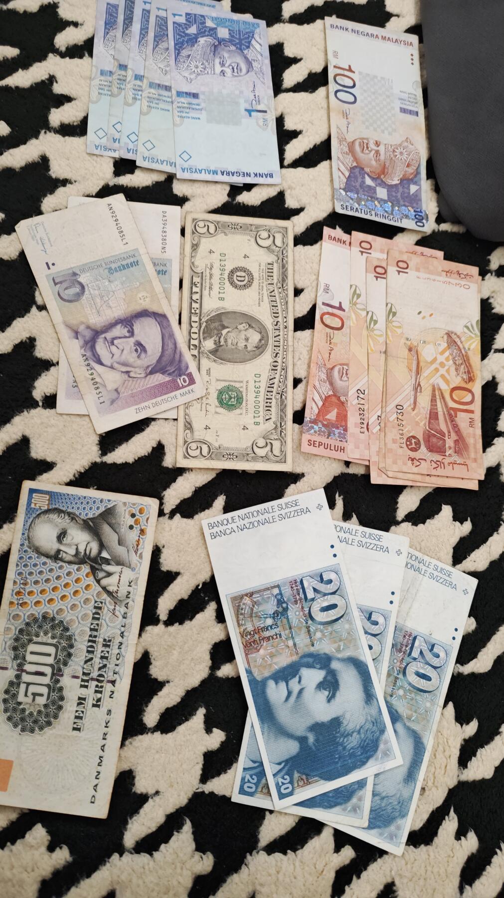 欧洲+东南亚老纸币全套 丹麦500克朗/德国10马克/瑞士20法郎/美元/马来西亚林吉特 保真收藏 已退市绝版