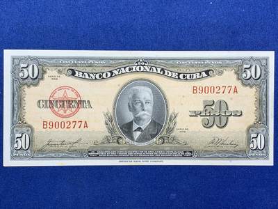 《竞宝斋》第470场 周日，周一，周二 3场连拍 （全场包邮）欢迎送拍 - 古巴1958年50比索原票，好品状态，无折痕，四角好。美钞公司出品，雕刻精美，色彩诱人，正面人物为古巴开国元勋伊尼古兹将军，炯炯有神，如在目前，背面采用美金黄金券橙黄色油墨，金光璀璨，雍容华贵。细节见图