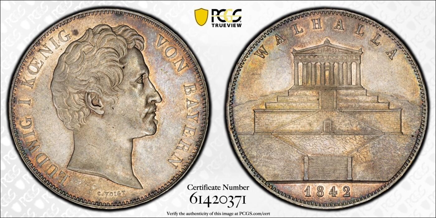 万国钱币拍卖第062期 PCGS AU55 1842年德国巴伐利亚路德维希一世瓦尔哈拉圣殿落成历史2泰勒 历史泰勒名品之一 德国最伟大的死亡圣殿·英灵殿·瓦尔哈拉 全德国最伟大人物的归宿之殿堂 原味德式五彩极美 好品越来越难的历史2t系列