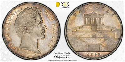 万国钱币拍卖第062期 - PCGS AU55 1842年德国巴伐利亚路德维希一世瓦尔哈拉圣殿落成历史2泰勒 历史泰勒名品之一 德国最伟大的死亡圣殿·英灵殿·瓦尔哈拉 全德国最伟大人物的归宿之殿堂 原味德式五彩极美 好品越来越难的历史2t系列