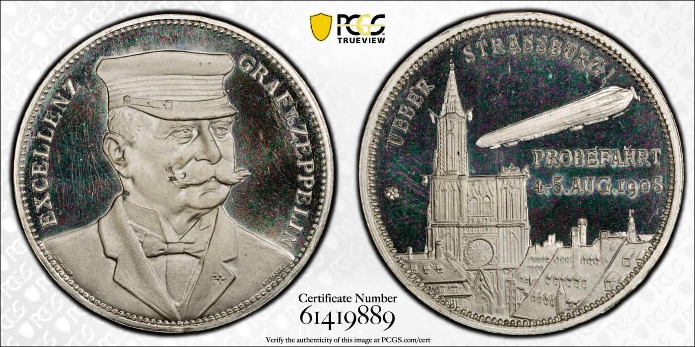 万国钱币拍卖第062期 PCGS SP64 1924年德国齐柏林伯爵齐柏林飞艇飞越斯特拉斯堡纪念银章 齐柏林飞艇银章很多 带帽正面像配斯特拉斯堡景观罕见 通体超深度精制镜面喷砂顶级工艺
