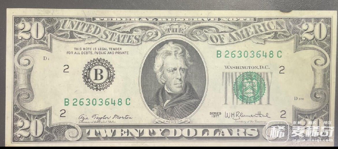 回流0315  1977年版20美元（¥138元）联邦储备券 纽约联邦储备银行（字母“B”，数字标识“2”）