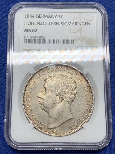 《竞宝斋》第470场 周日，周一，周二 3场连拍 （全场包邮）欢迎送拍 - 稀少 NGC MS62 德国 1844 霍亨索伦 2泰勒银币 大银币 资料显示3000枚的发行量 可见难得