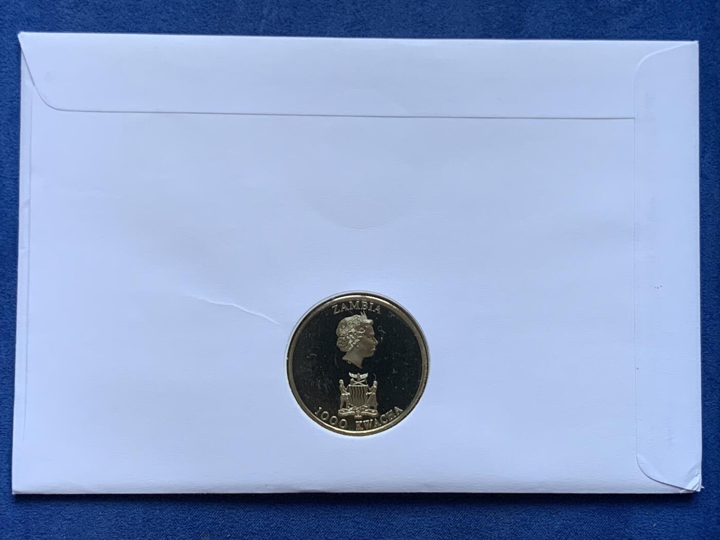 《竞宝斋》第470场 周日，周一，周二 3场连拍 （全场包邮）欢迎送拍 赞比亚2002年纪念女王母亲1000克瓦查纪念币，邮币首日封编号0205