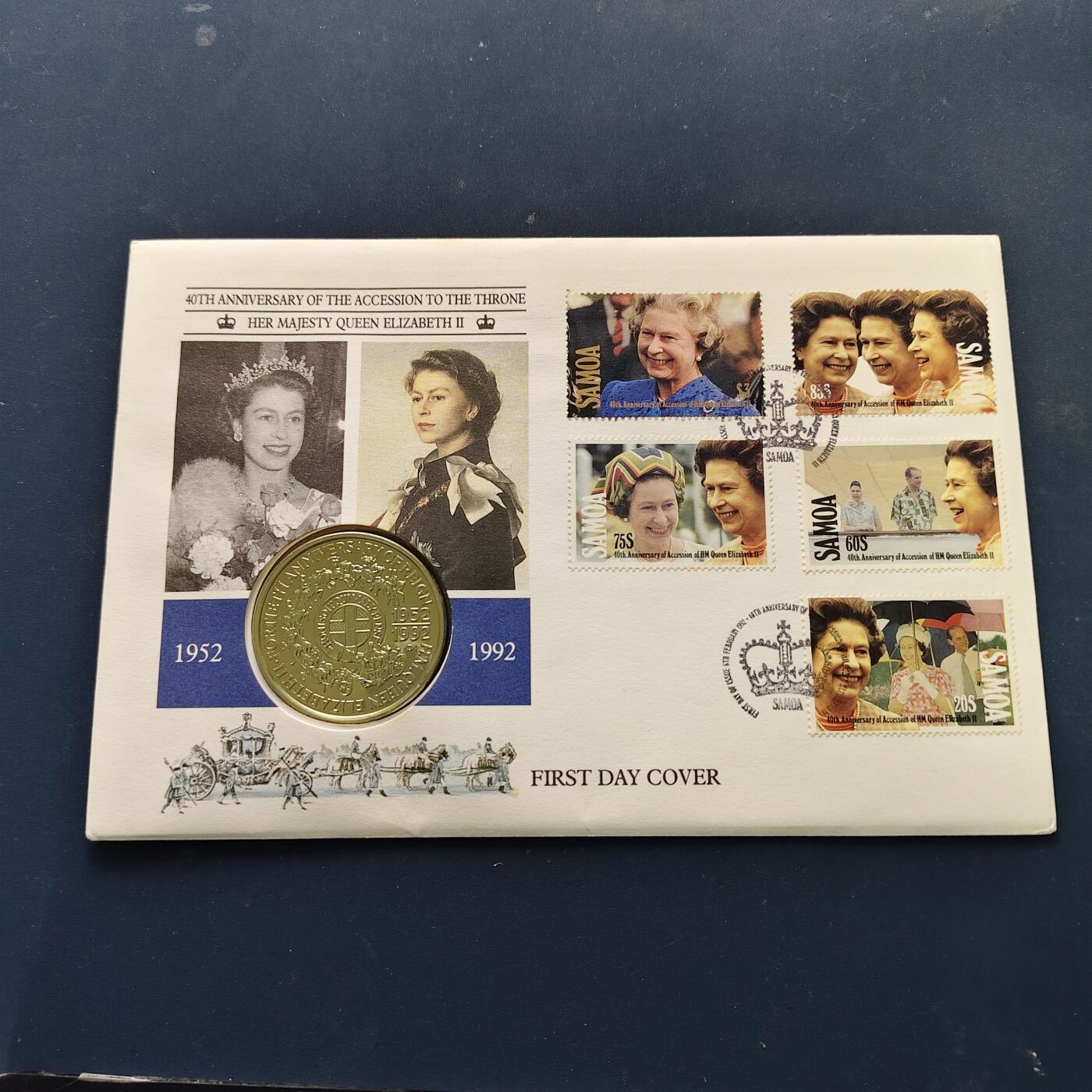 【全场包邮】纯粹捡漏拍513场 【邮币封】萨摩亚1992年1元伊丽莎白二世女王即位40周年克朗型纪念邮币封